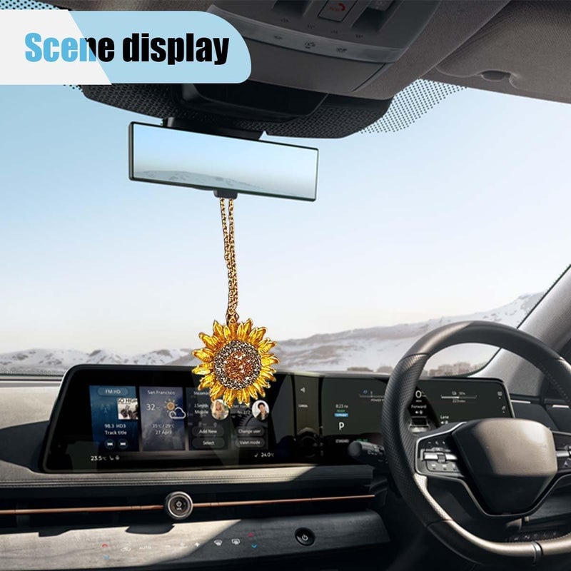 LHDOS Bling Sunflower Car Mirror Hanging Accessories, Crystal Diamond Car Interior Ornament Pendant for Women, Lucky Rear View Mirror Charm for Auto Decoration Present - Image 2